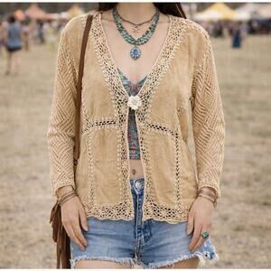 Central Falls L Boho Suede Crochet Jacket Mixed Media Festival Cardigan